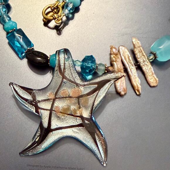 Artisan Abalone Shell & Blue Glass Beaded Pendant Necklace - Picture 6 of 8